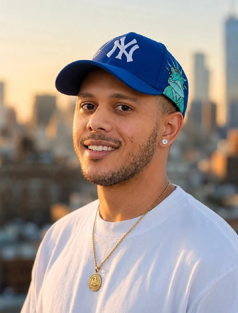 Igor Ramos, de boné azul e camiseta branca, ao ar livre